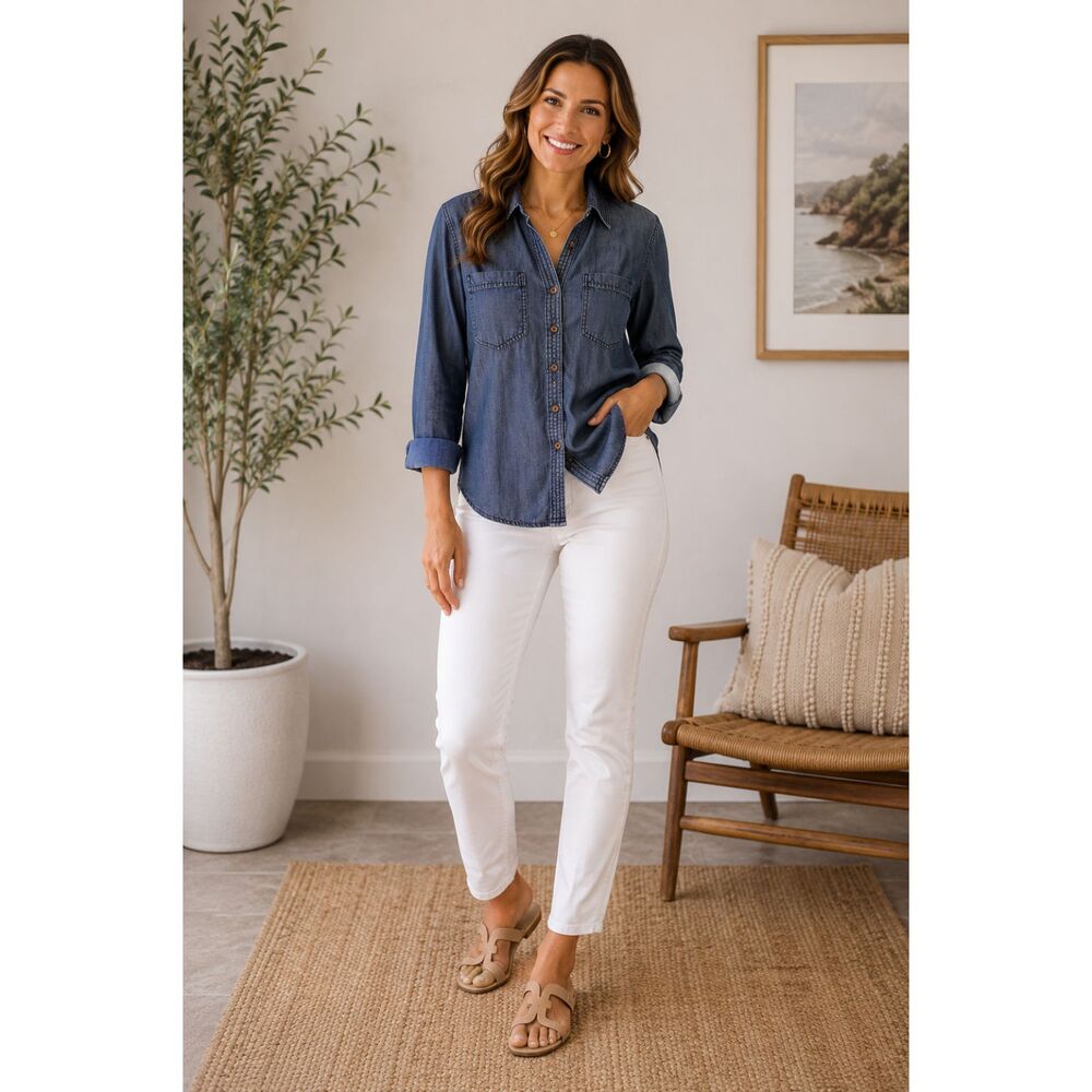 Chico's Size Small Lyocell Chambray Button Front Shirt Blue Utility Top